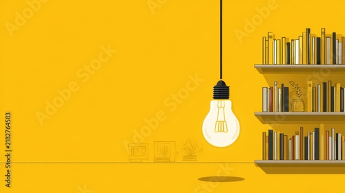 Glowing Light Bulb Beside Bookshelf with Copy Space