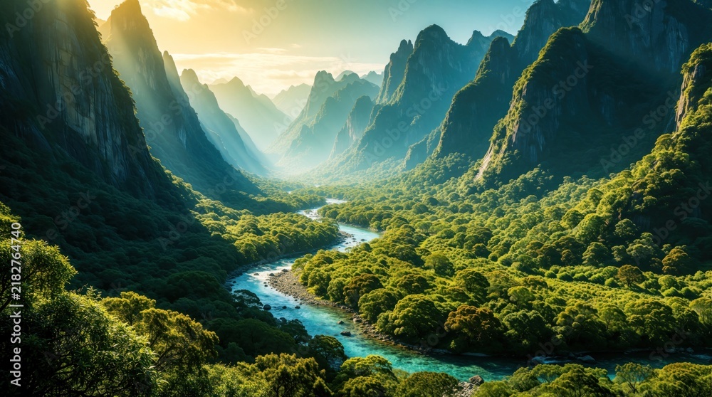Obraz premium Sunlight streams into a green valley between tall mountains. A river flows through the forested landscape. Scenic mountain peaks rise against a blue sky. Lush nature view.