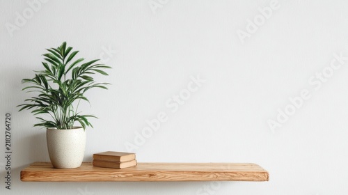 Green Houseplant and Books on Wooden Floating Shelf