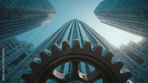 Industrial Gear and Glass Skyscrapers from Below