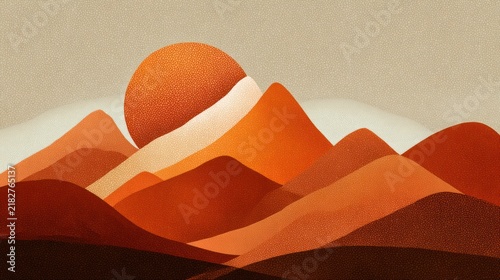 Abstract Layered Mountain Landscape with Orange Sun