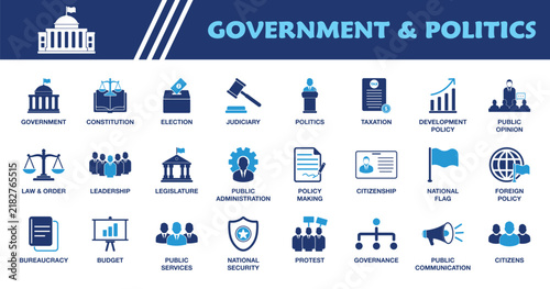 Government & Politics Icon Set. Collection of Elections, Law & Order, Public Administration, Leadership, Citizenship, Policy and More Icons. Editable Vector Illustration.