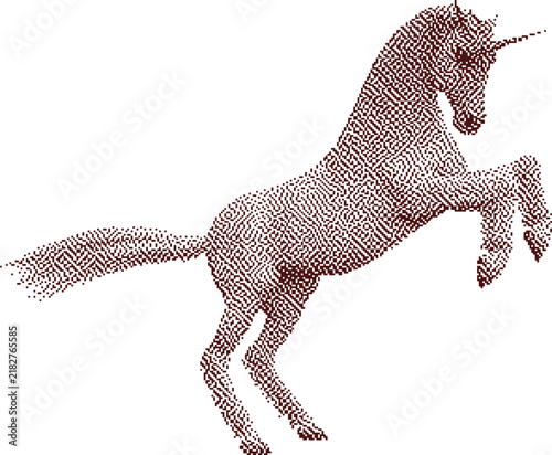 Retro halftone collage element of a rearing unicorn stallion. Dotted pop art graphic for fantasy design templates.