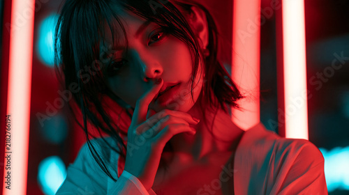 japanese woman in white kimono touching her lips under neon light, ethereal japanese woman in traditional white kimono with cinematic neon lighting, elegant japanese woman in white kimono