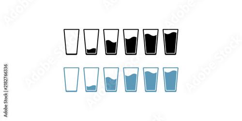 Принти на полотні Set of water glasses with varying liquid levels displays hydration progression measurement and healthy daily consumption