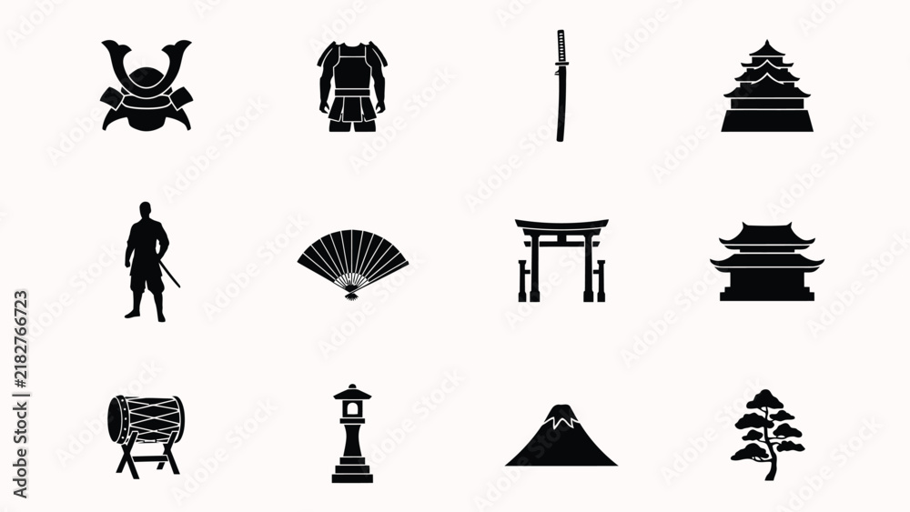 Naklejka premium Traditional cultural symbols and attire set against minimalist black background with clothing architectural elements silhouette icons traditional traditionalist architecture
