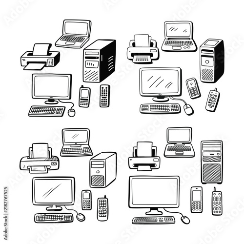 Collection of various hand drawn electronic devices including computers, laptops, printers, and mobile phones set