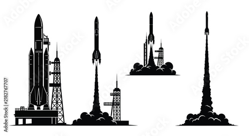 Obraz na plátne Set of black silhouette rocket launch illustrations with flames and smoke effects showing liftoff from launchpads and clear space backgrounds