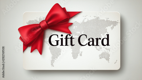 Gift card featuring a world map and red bow, a travel voucher for tourism, vacation planning and future trips, perfect as a thoughtful gift for travelers and adventure lovers.