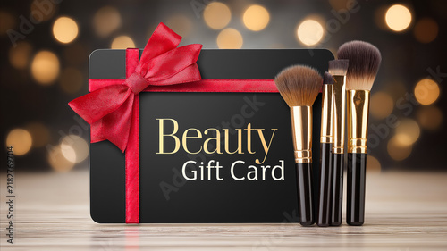 Gift card to a beauty salon with a red bow is surrounded by cosmetics, nail polish, mascara, and brushes on a black background. Conceptual ideas for gift giving, beauty, personal care