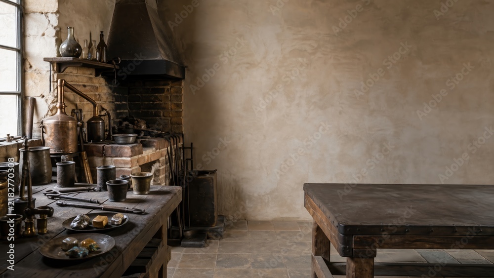 Fototapeta premium Mysterious medieval alchemist room with antique tools and stone walls