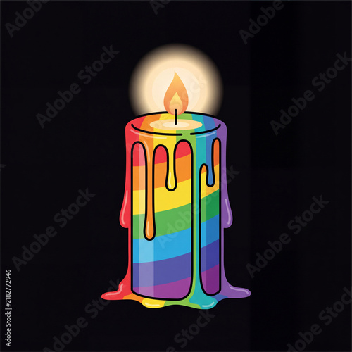 A vibrant candle featuring rainbow flag colors, melting with colorful wax, glowing with a warm flame against a dark background, symbolizing LGBTQ pride.