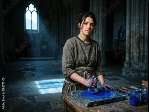 Blue pigment artisan in a medieval stone hall