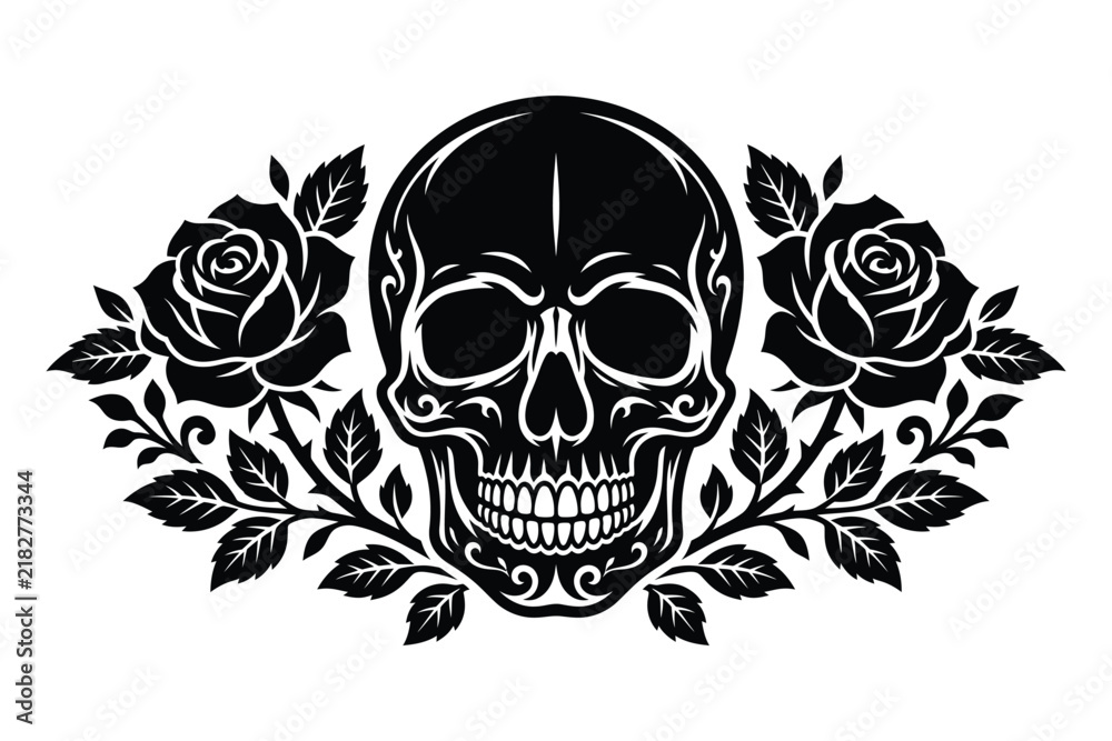 Fototapeta premium A striking black and white image featuring a skull adorned with beautiful roses perfect for