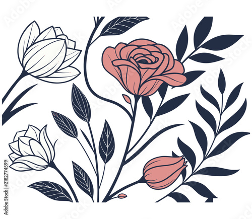 Floral pattern design with pink rose blossoms and decorative dark leaves illustration