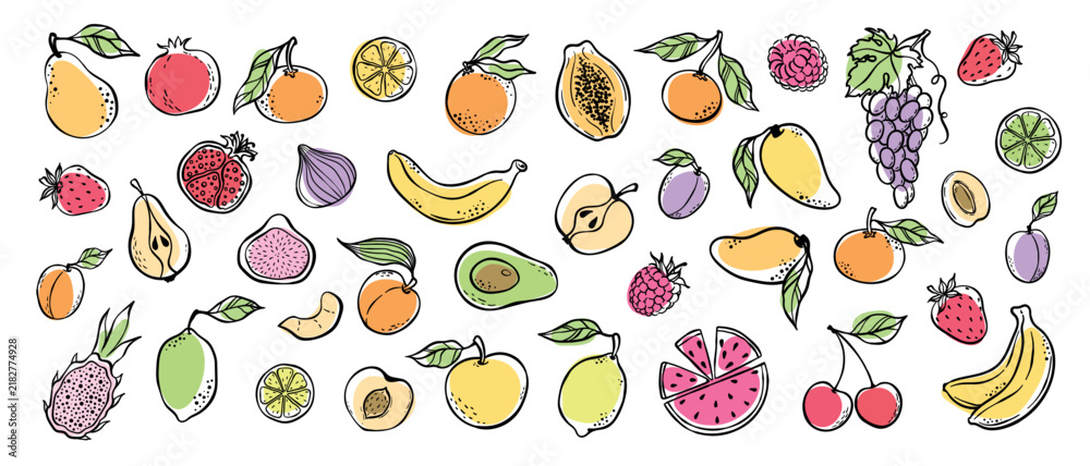Obraz premium Hand drawn colorful doodle fruits and berries. Trendy abstract minimal style. Natural tropical fruits. Organic fruits or vegetarian food. Vector isolated hand draw illustration set