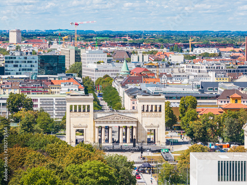 Aerial view of the historic Propylaea monument and Munich cityscape