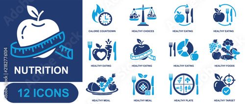 Nutrition icon set. Containing calorie countdown, healthy choices, healthy eating, apple, vegetables, food scale, meal plate, target, fork and knife and more. Solid fill vector icons.