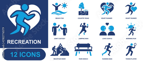 Recreation icon set. Containing beach fun, country road, heart runner, jumping man, love couple, morning run, mountain hiker, park bench, tennis player and more. Solid fill vector icons.