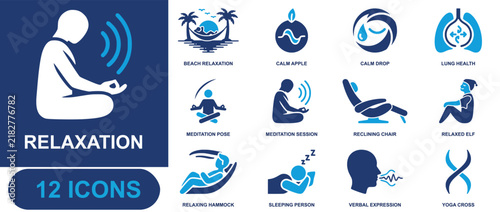 Relaxation icon set. Containing beach relaxation, calm apple, calm drop, lung health, meditation pose, reclining chair, hammock, sleeping person, yoga and more. Solid fill vector icons.