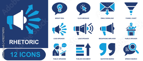 Rhetoric icon set. Containing bright idea, click message, email download, funnel chart, loud speaker, megaphone, public speaker, quotation marks, speech and more. Solid fill vector icons.