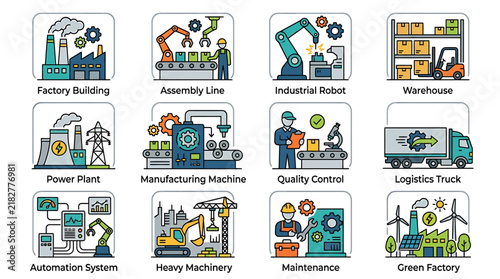 Premium vector set featuring flat illustrations of industrial and manufacturing concepts for diverse applications