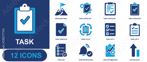 Task management icon set. Containing mountain goal, task checklist, task complete, task cycle, task list, task notification, task optimization, upload data and more. Solid fill vector icons.
