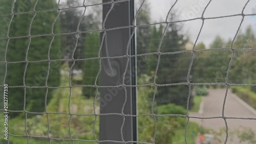 Personal perspective looking through a window with a protective safety net. Blurred background showing a park with trees and a sidewalk