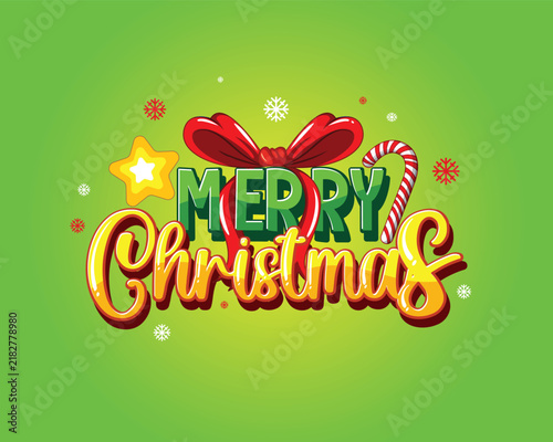 Colorful Merry Christmas Lettering with Red Ribbon and Candy Cane