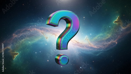 Question mark symbol featuring iridescent metallic texture floating in deep dark outer space with colorful vibrant nebula gas clouds background