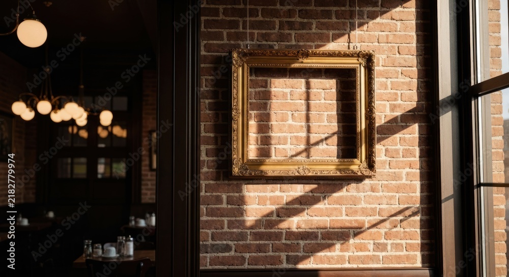 Fototapeta premium Sunlit empty ornate gold frame hangs on exposed brick wall in a dimly lit room