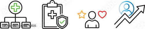 Vector icon set depicting healthcare organization, medical insurance policy clipboard with shield, user feedback rating, and career growth arrow.