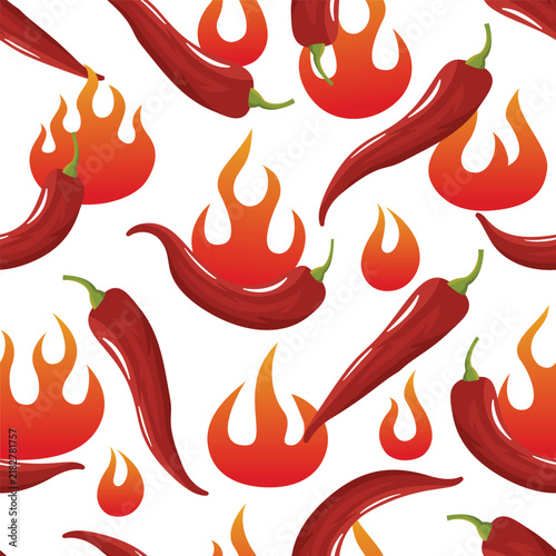 Seamless pattern of hot red chili peppers and fire flames on a white background
