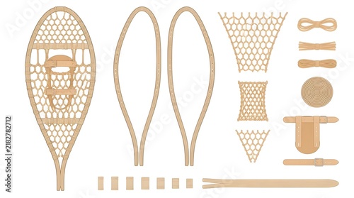 A flat vector illustration of a traditional snowshoe with wooden frame and woven webbing on a plain white background