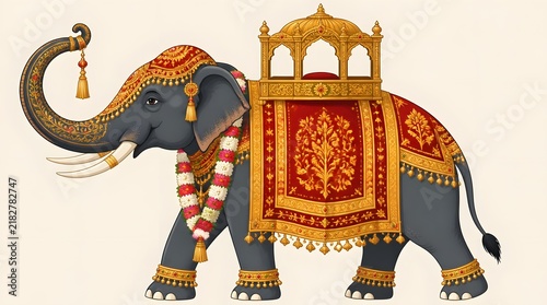 Flat vector illustration of a standing elephant with a decorated trunk covered in colorful geometric patterns on a plain background