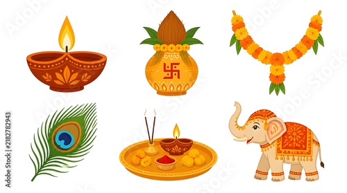 Flat vector icon set of six Diwali festival symbols in a grid pattern showcasing diya lamp lantern rangoli sparkler lotus and gift box