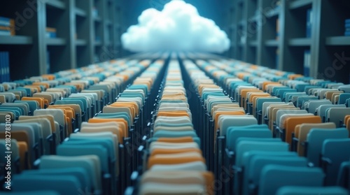 Obraz w ramie Carpetas virtuales organizadas que fluyen ascendentemente desde un repositorio de documentos digitales hacia un entorno de almacenamiento en la nube