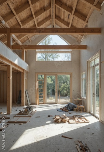 Interior de una vivienda minimalista y elegante a mitad de la reforma, con vigas vistas y herramientas esparcidas; la luz del sol entra a través de grandes ventanales de suelo a techo aún sin terminar