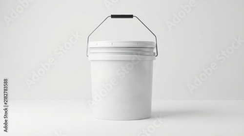 white plastic bucket with metal handle for paint or food industrial packaging mockup.
