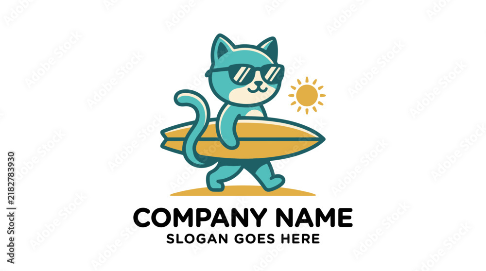 Obraz premium Cute Cat Surfer Mascot Logo Design Vector Illustration.
