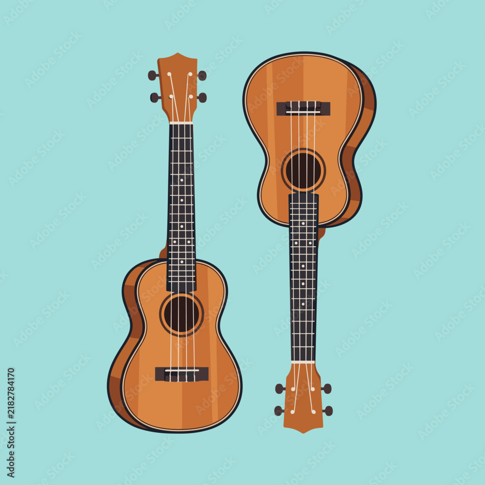 Obraz premium Flat vector illustration of two wooden ukuleles on a light blue background. One instrument is upright, the other inverted, featuring realistic wood grain and string details.