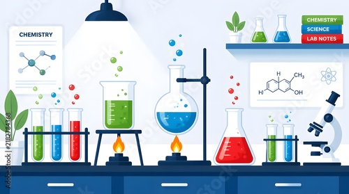 A flat vector illustration of a science laboratory equipment set with flasks test tubes microscope and atom symbols on a clean white background