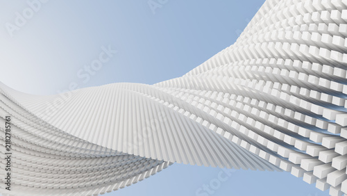 3D render of white parametric wave of cube blocks, flowing architectural surface on light blue sky, geometric grid wave, minimal futuristic design, smooth undulating form, modern structure, copy space