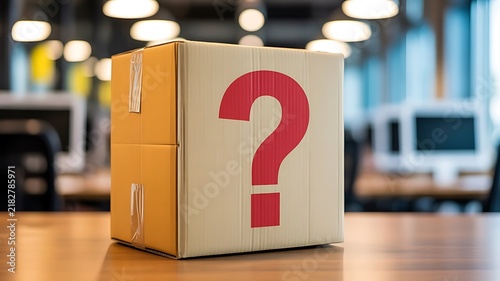 Brown cardboard box featuring a bold red question mark symbol placed on a clean wooden desk inside a blurred modern office workspace interior