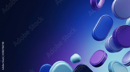 Colorful collection of modern pill shaped objects floating against gradient purple and blue background