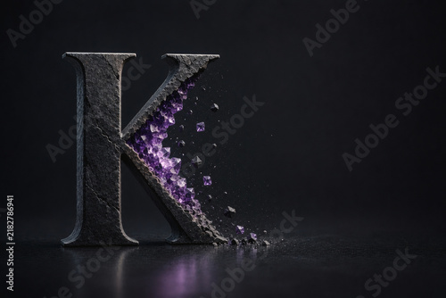 Dark letter K breaking apart to reveal a glowing purple crystalline core, with scattered fragments on a black background creating a dramatic concept of energy and transformation.