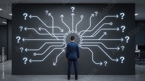 Businessman standing in front of a wall with many question marks and arrows