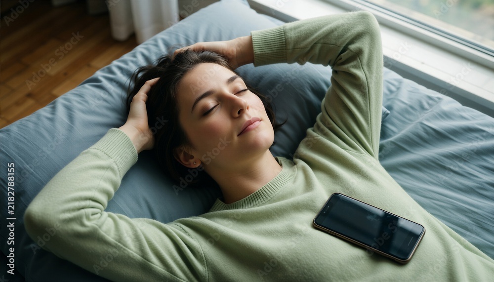 Obraz premium Woman resting on bed in light green sweater, embodying self-care and addressing burnout.