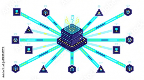 Plakat Centralized Cloud Server Connecting to Multiple Data Nodes in Network Architecture