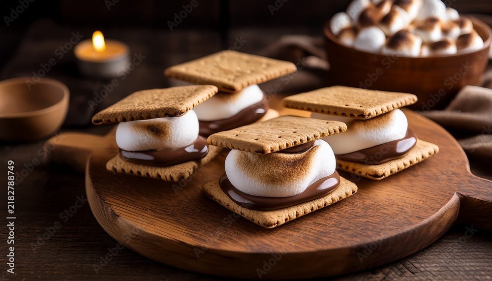 Fototapeta premium warm inviting s mores platter on a wooden surface with soft lighting and rustic textures